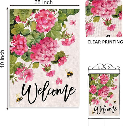 Welcome Spring Summer Geranium Decorative House Flag, Pink Floral Flowers Bees Garden Yard Outside Decorations, Seasonal Burlap Outdoor Large Home Decor Double Sided 28 x 40