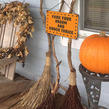 Park Your Broom And Knock Thrice Halloween Metal Tin Signs Vintage Decor Halloween Party Retro Decorations for Home Bar Cafe Porch Patio Yard Outdoor Decorative 12x8 Inch (Bright Orange)