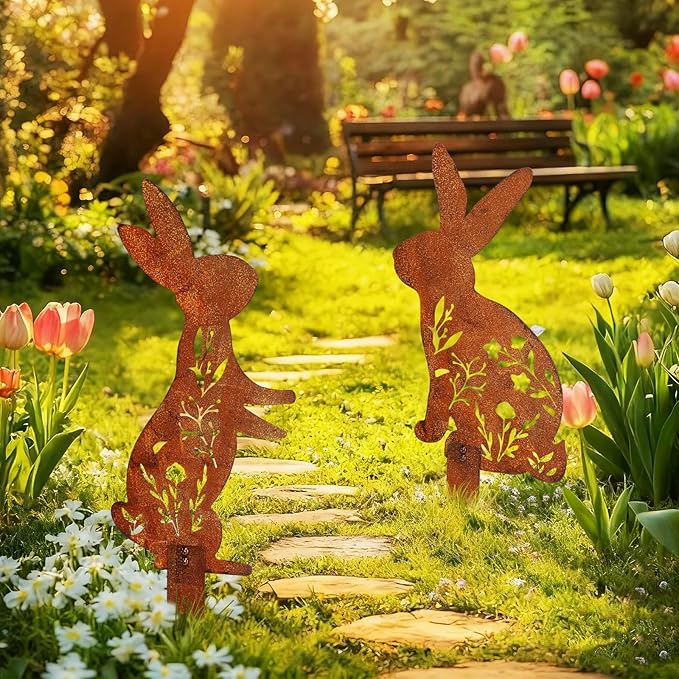 2 Pcs Easter Metal Rabbit Garden Stake Rusty Bunny Garden Decor Rustic Iron Rabbit Silhouette Decoration Art Flower Metal Cutout Sign Floor Standing Sculpture for Yard Decor Holiday Outdoor