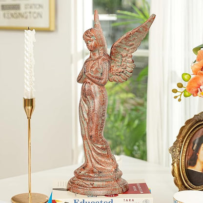 Sungmor Vintage Cast Iron Angel Statue - Rustic Decorative Figurine for Garden, Shelf or Mantel - 14.5" Tall Heavy Duty Patina Finish, Indoor/Outdoot Angel Sculpture