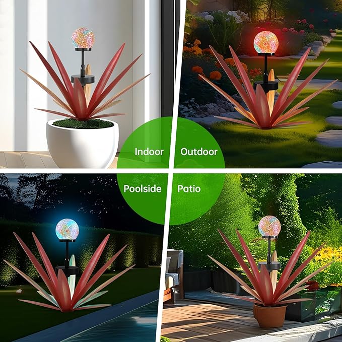 2Pack Tequila Rustic Sculpture Metal Yard Decor with Solar Mosaic Light, 21Inches Height Hand Painted Metal Agave Garden Statue Red