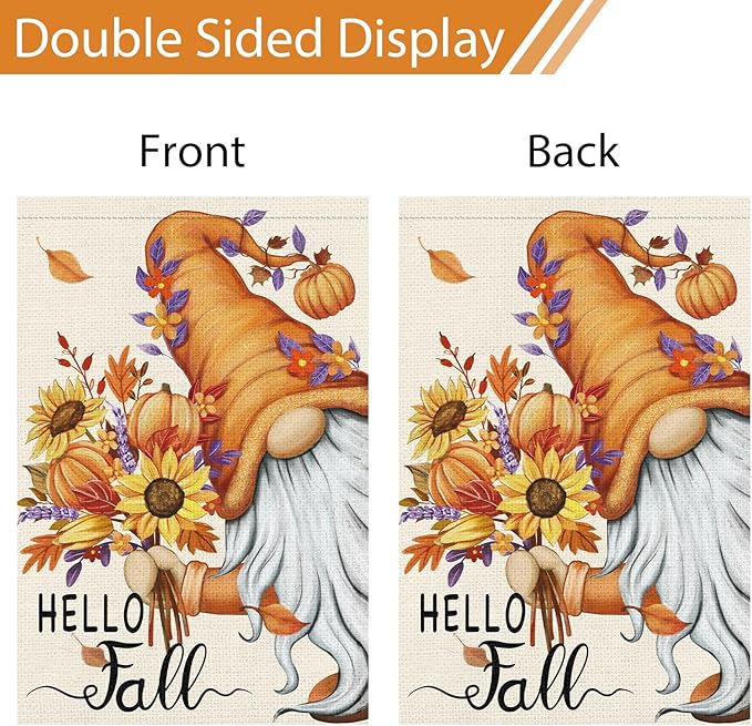 Hello Fall Gnome Garden Flag 12x18 Double Sided Burlap, Pumpkin Sunflower Garden Yard Flags for Thanksgiving Rustic Seasonal Outside Outdoor House Decoration (ONLY FLAG)