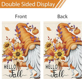 Hello Fall Gnome Garden Flag 12x18 Double Sided Burlap, Pumpkin Sunflower Garden Yard Flags for Thanksgiving Rustic Seasonal Outside Outdoor House Decoration (ONLY FLAG)