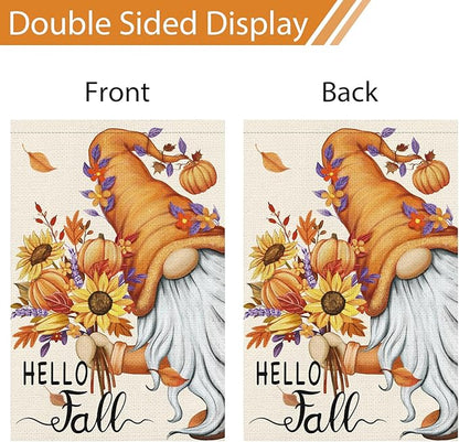 Hello Fall Gnome Garden Flag 12x18 Double Sided Burlap, Pumpkin Sunflower Garden Yard Flags for Thanksgiving Rustic Seasonal Outside Outdoor House Decoration (ONLY FLAG)