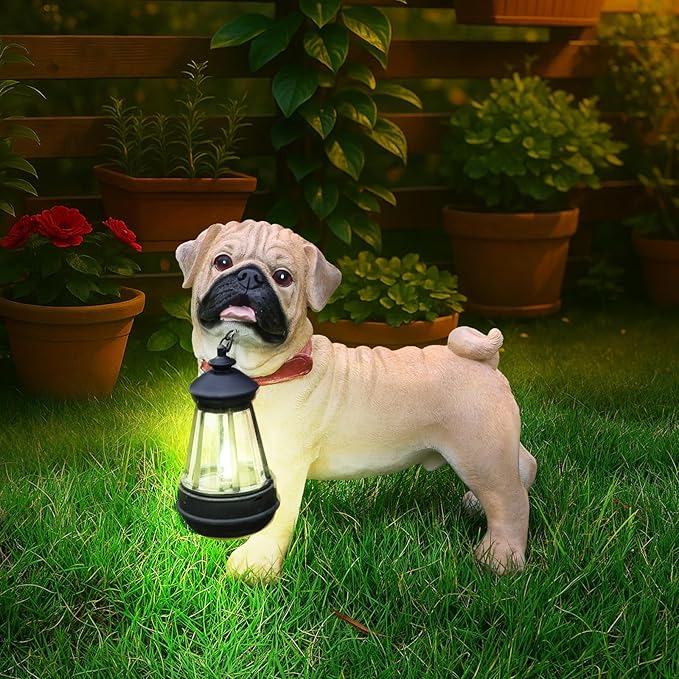 Pug Dog Garden Statue with Solar Lantern & Welcome Sign, 11" Cute Resin Animal Figurine Outdoor Decor, Weatherproof Pet Sculpture for Patio Yard Porch Lawn, Dog Lover Gifts (4.2 LBS)