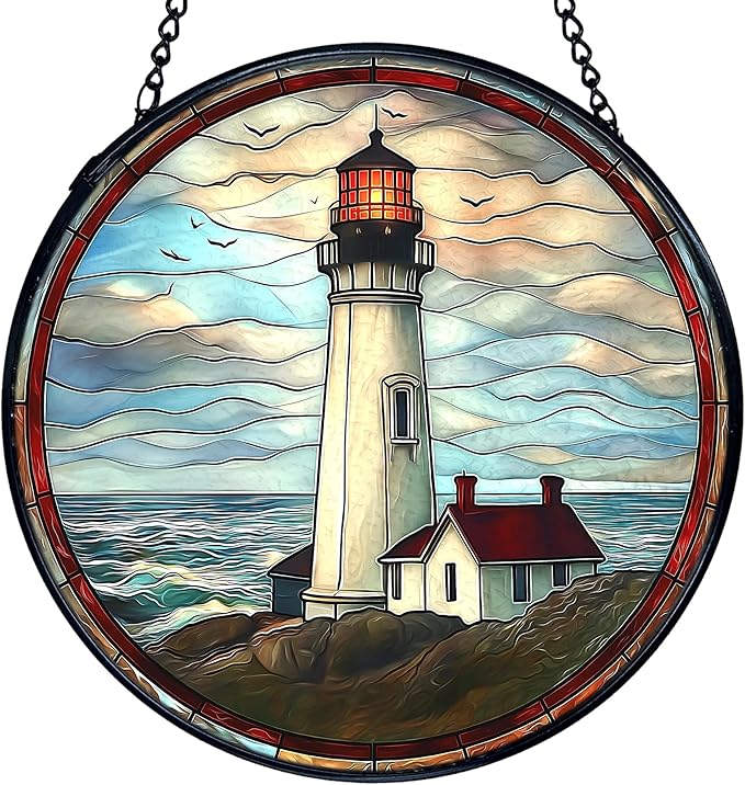 TNUW Lighthouse Stained Glass Window Hanging, Coastal Ocean Lighthouse Sun Catchers Indoor Window Glass Round Wall Art Decor, Nautical Beach Light House Wall Hanging Decorations, 7.9＂x7.9＂