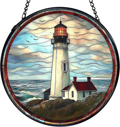 TNUW Lighthouse Stained Glass Window Hanging, Coastal Ocean Lighthouse Sun Catchers Indoor Window Glass Round Wall Art Decor, Nautical Beach Light House Wall Hanging Decorations, 7.9＂x7.9＂