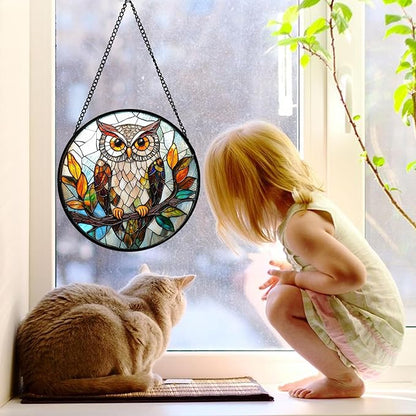 DASTOLL Stained Glass Window Hanging, Owl Colorful Leaves Birds Sun Catchers Diamond Glass Panel Hangings Suncatcher Decor for Birthday for Women, Men, Wife, Aunt, and Mom 9.8 in