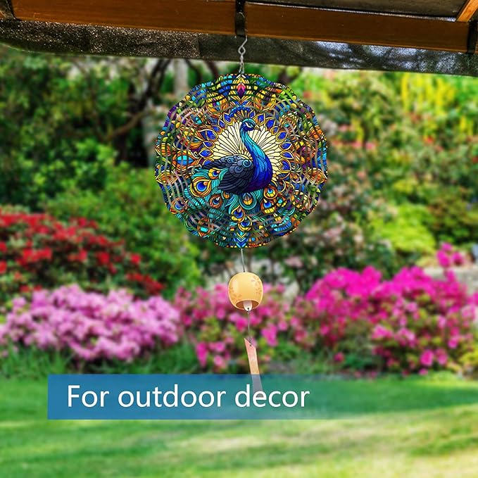 Peacock Wind Spinner, Hanging 3D Outdoor Wind Chimes, 10 inch Metal Wind Spinner for Outdoor & Indoor Decor, Yard Art Gift