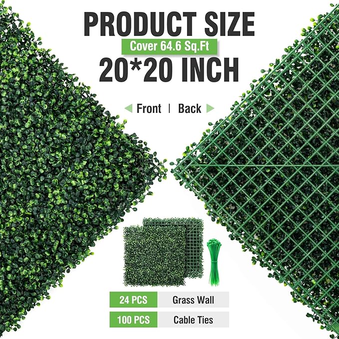 KASZOO 24 Pack 20"x20" Grass Wall Panels - Artificial Boxwood Panels for Greenery Wall Backdrop, Faux Greenery for Indoor Outdoor Decor, Garden Fence, Wedding, Privacy Screen, 66 Sq. Ft. Coverage