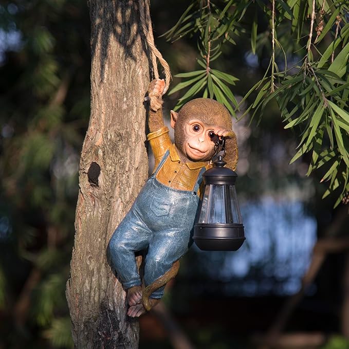 Outdoor Monkey Sculpture Hanging Monkey Garden Statue with Solar Lantern, 13 x 5.5 x 3.93 inches, Decorative Resin Outdoor Sculpture
