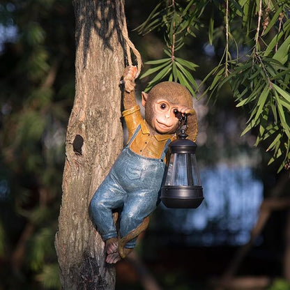 Outdoor Monkey Sculpture Hanging Monkey Garden Statue with Solar Lantern, 13 x 5.5 x 3.93 inches, Decorative Resin Outdoor Sculpture