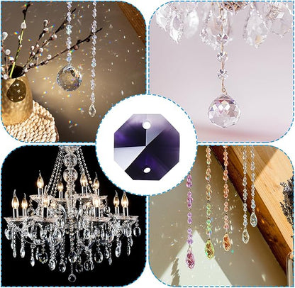 PATIKIL K9 Crystal Octagon Beads 2 Holes Pendants, 60 Pack 14mm Chandelier Prisms Parts Ornaments Hanging Beads for DIY Arts Crafts Decoration, Dark Purple