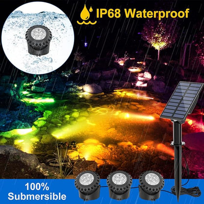 T-SUN Solar Fountain Lights Submersible Solar LED Underwater Pond Lights Color Changing Landscape Spotlights IP68 Waterproof for Garden Fish Trank Aquarium Pool Waterproof (3 Lights in 1)