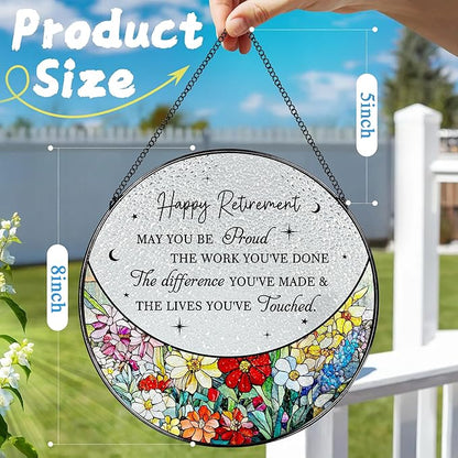 8” Stained Glass Suncatcher Ornament – Floral Retirement Window Hanging Decorations, Retirement Gifts & Retired Gifts for Women, Men, Friends, Coworkers, Teachers - Style H