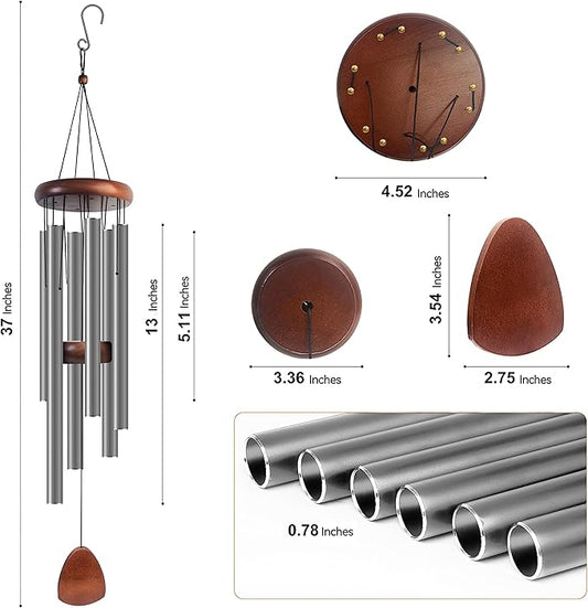 Bursvik Large Aluminium Wind Chimes 37 Inches to Create a Zen Atmosphere Suitable for Outdoor, Garden, Patio Decoration. Classic Wind Chimes with Wind Catcher Suitable as A Gift for Unisex,Silver Grey