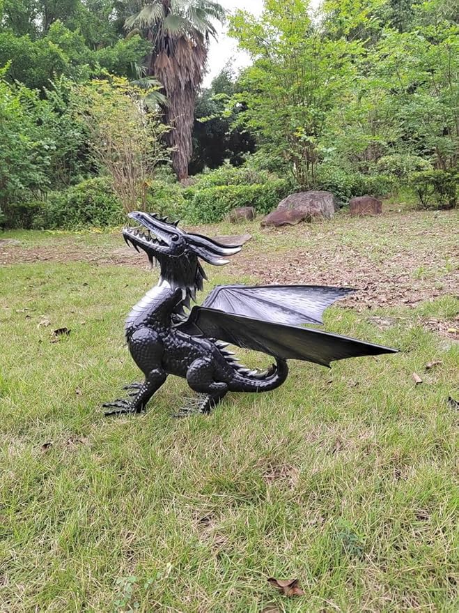 Decorative Black Echo Dragon Garden Sculpture, Design Horned Dragon Winged Gargoyle Dragon– Patio Porch Courtyard Decor-Rockery Topper Statue-Gothic Flying Grotesque Dragon