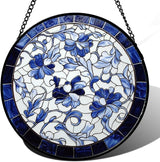 Stained Glass Window Hanging, Blue and White Abstract Flowers Sun Catcher for Door Home Decor Suncatcher Christmas Mother's Day Birthday Gifts for Women Men Mom and Nana 6.3 in