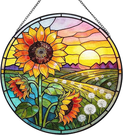 Sunflower Hanging Stained Glass for Windows, Sunflower Sun Catchers Indoor Window Glass Summer Floral Wall Art Hanging Decorations Mother's Day, Valentine's Day Ornaments Festival Gift 7.87"