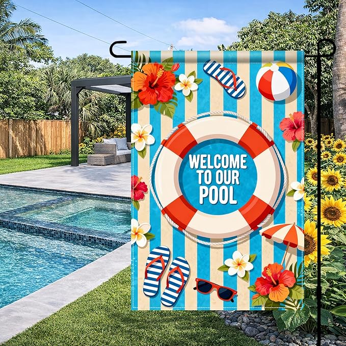 BlissYard Welcome To Our Pool Garden Flag 12x18 Double Sided Vertical Outdoor Summer Poolside Decor Beach Tropical Yard Lawn Patio Pool Party Banner