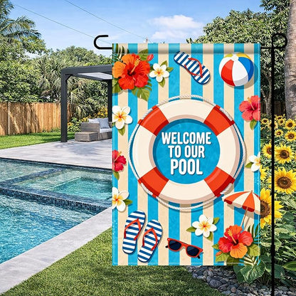 BlissYard Welcome To Our Pool Garden Flag 12x18 Double Sided Vertical Outdoor Summer Poolside Decor Beach Tropical Yard Lawn Patio Pool Party Banner