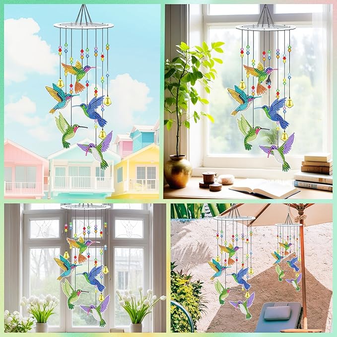 JeCuiK Hummingbird Diamond Painting Wind Chimes Double Side DIY Diamond Art Kits for Adults Diamond Painting Kits Wind Chimes 3D Diamond Art Suncatchers Hanging Ornament Crafts for Garden Decor