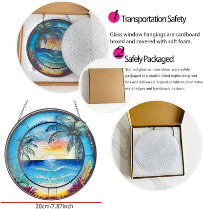RIVEENY Blue Ocean Sunset Glass Window Hanging Decor,8" Stained Glass Sun Catcher Hanging Decoration with Metal Chain-Sun Catchers for Window Decor Outdoor Garden Decor Gift (Oceans)