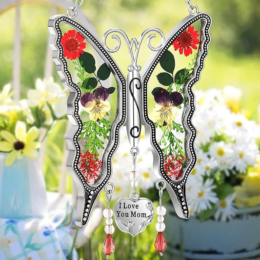KY&BOSAM Gifts for Mom Butterfly Suncatcher I Love You Mom Stained Glass Sun Catcher Hanging for Window Wind Chime Pressed Dried Flowers Engraved and Metal Charm Mothers Day Valentine's Birthday Decor