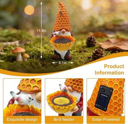 Sunflower Gnome Statue with Solar LED Lights, Solar Powered Garden Gnome for Outdoor Decor, Auto On/Off Waterproof Yard, Patio, Lawn Ornament, Unique Gift for Mother’s Day & Housewarming