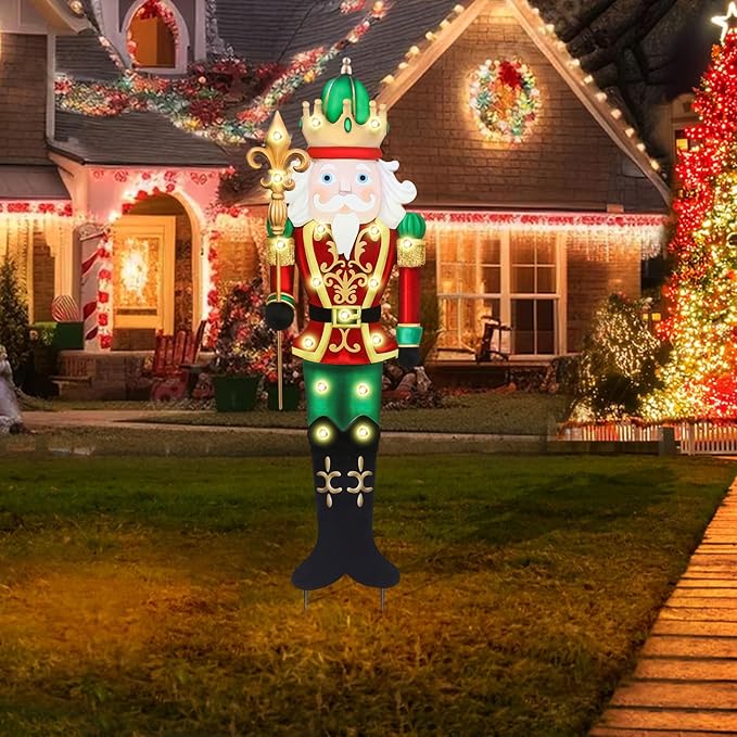 WONDER GARDEN Christmas Metal Yard Stakes, Lighted Nutcracker Soldier, Outdoor Christmas Decorations for Lawn Party Outside