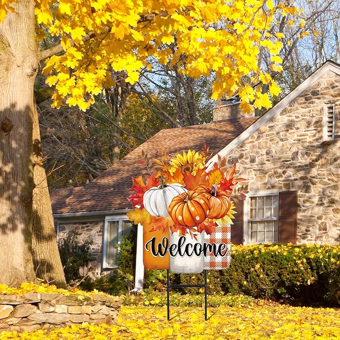 JarThenaAMCS Thanksgiving Pumpkin Metal Garden Stakes Autumn Sunflower Pumpkin Vase Decorative Lawn Sign Fall Welcome Yard Sign for Home Outside Lawn Porch Decor