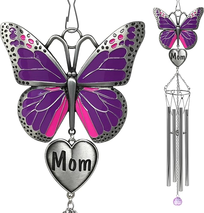 Butterfly Wind Chimes for Mother - Purple Butterfly Windchime with Engraved Mom Heart - Gift for Mom Mother’s Day Birthday Christmas - Spring Patio Garden Hanging Decor - 20 Inch Long