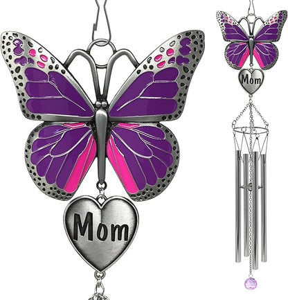 Butterfly Wind Chimes for Mother - Purple Butterfly Windchime with Engraved Mom Heart - Gift for Mom Mother’s Day Birthday Christmas - Spring Patio Garden Hanging Decor - 20 Inch Long