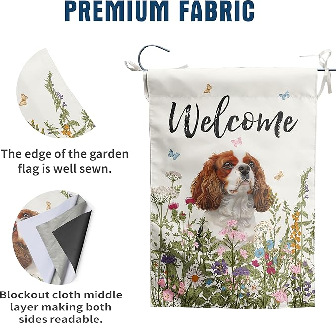 Floral Cavalier King Charles Spaniel Garden Flag Spring Summer House Flags 28 x 40 Double Sided Flower Dog Yard Flags for Outside Large Outdoor Welcome Flags