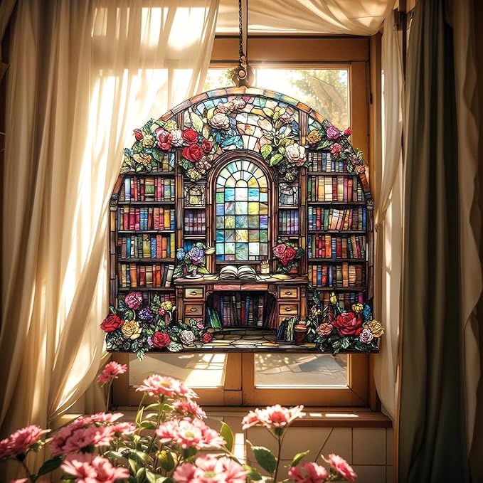 Flower Bookshelf Acrylic Suncatcher, Bookish Suncatchers for Window Hanging Ornament, Art Garden Decor for Book Lover Reader Bookworm, Gifts for Mother's Day, Mom, Grandma, Wife, Women, Nana