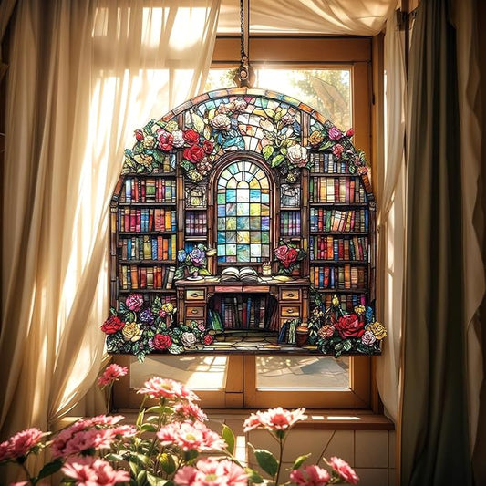 Flower Bookshelf Acrylic Suncatcher, Bookish Suncatchers for Window Hanging Ornament, Art Garden Decor for Book Lover Reader Bookworm, Gifts for Mother's Day, Mom, Grandma, Wife, Women, Nana