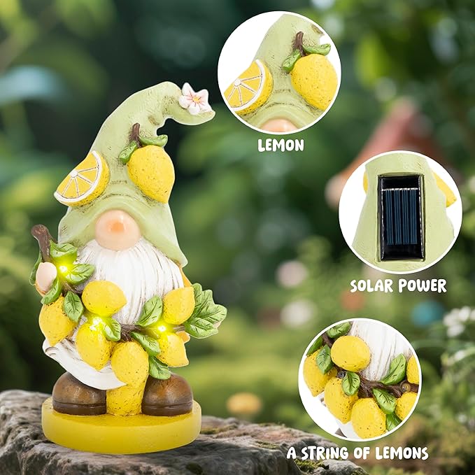 basen Solar Powered Garden Gnome Decor with Lemon Theme, Waterproof Outdoor Lawn Ornaments with Auto On/Off Light, Resin Figurine for Patio, Yard, Pathway, Porch Landscape Lighting Decorations
