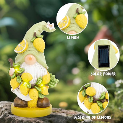 basen Solar Powered Garden Gnome Decor with Lemon Theme, Waterproof Outdoor Lawn Ornaments with Auto On/Off Light, Resin Figurine for Patio, Yard, Pathway, Porch Landscape Lighting Decorations