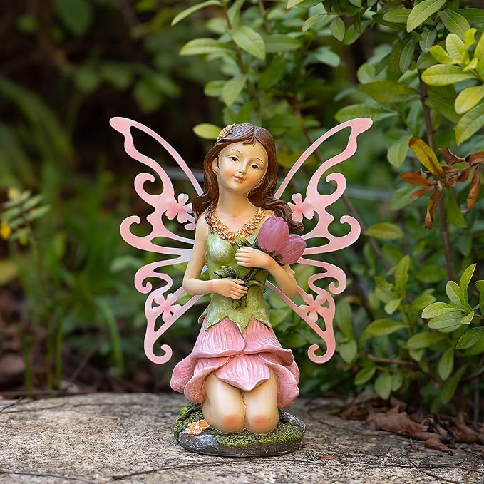 Suyorpe Fairy Decor, Solar Outdoor Statue, Accessories for Fairy Garden Gifts - Resin Figurine for Patio Yard Lawn, Size 8.35 x 4.92 x 10.82 inches