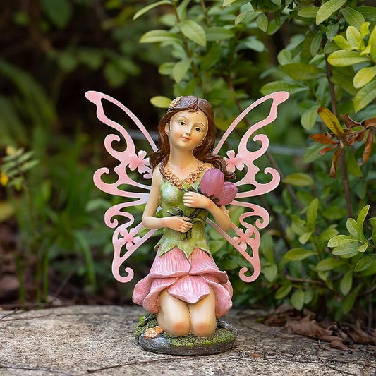 Suyorpe Fairy Decor, Solar Outdoor Statue, Accessories for Fairy Garden Gifts - Resin Figurine for Patio Yard Lawn, Size 8.35 x 4.92 x 10.82 inches