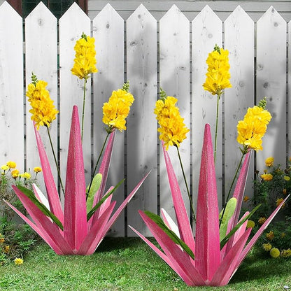 2PCS Large Metal Yard Art, Outdoor Metal Agave Plants, Tequila Rustic Sculpture, Garden Decoration Lavender Yard Art Plant (Rose Red)