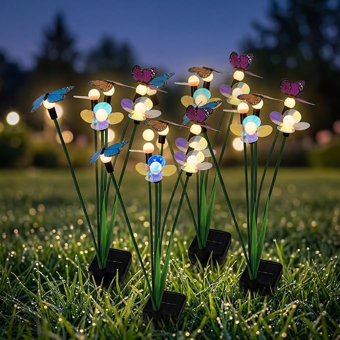 Hoikwo Solar Garden Lights 4 Pack, Swaying Butterfly Flower Stakes Outdoor, Lifelike Butterflies and Flowers with 6 LED Warm Lights, Solar Lights Decor for Yard, Patio, Garden, Pathway