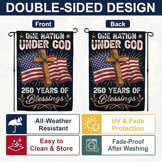 250th Anniversary America USA Garden Flag for Outside, One Nation Under God 250 Years of Blessings 1776-2026 Cross Double-Sided Waterproof Yard Flag 12x18 Inch for 4th of July Memorial Day Decor