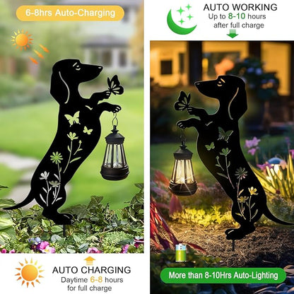 Solar Lights Outdoor Pathway,2 Pack Metal Dachshund Yard Decor with Solar Lantern Garden Stakes,Outside Decorations for Yard,Lawn,Patio,Perfect Dog Gifts for Women