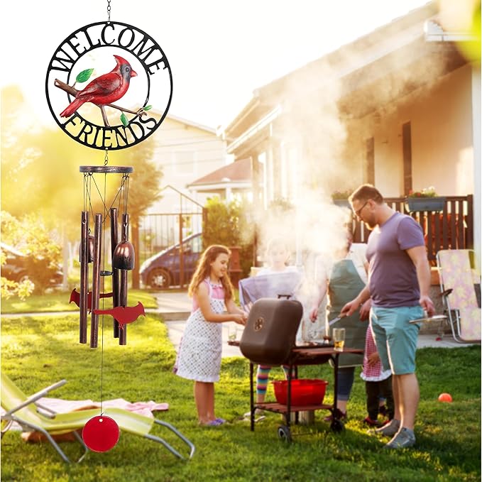 CoTa Global Welcome Friends Red Cardinal Wind Chime - Handmade Metal Hanging Decor, Red Bird Garden Ornament with Copper Tubes, Indoor Outdoor Porch Patio Yard Decoration - 31 Inches