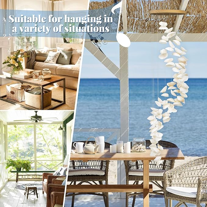 White Seashells Wind Chimes for Outside, Handmade Spiral Shape Beach Style Shells Windchime for Patio and Garden Hanging Decor, Beach & Coastal Decor, Sunroom Decoration, Ocean Themed Party