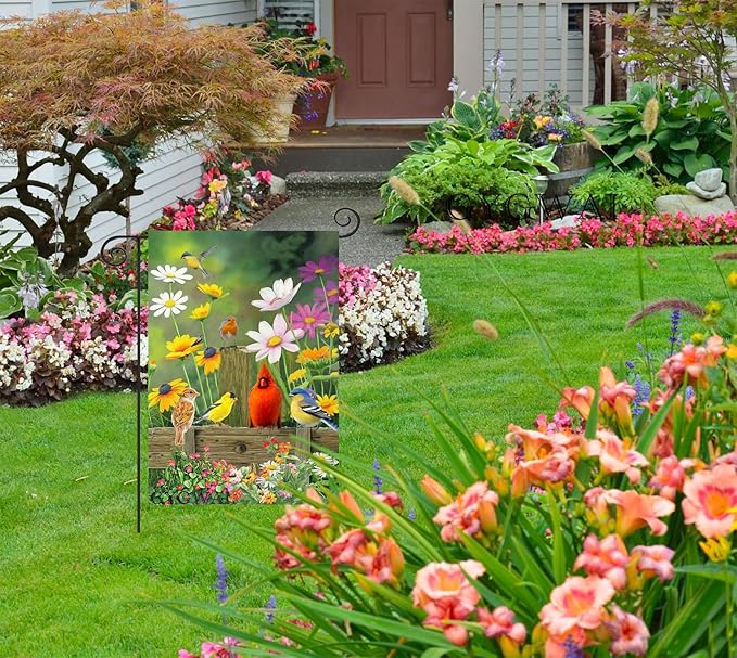 Spring Garden Flag Cardinal Floral 12x18 Inch Double Sided, Small Burlap Garden Yard Flags for Outside Outdoor House Spring Summer Decoration