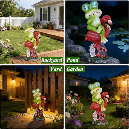 Solar Garden Decor Garden Statues Yard Art Frog Riding Flamingo Outdoor Funny Decoration for Lawn, Patio, Yard, Gardening Gifts for Women Mothers Day Gifts for Mom