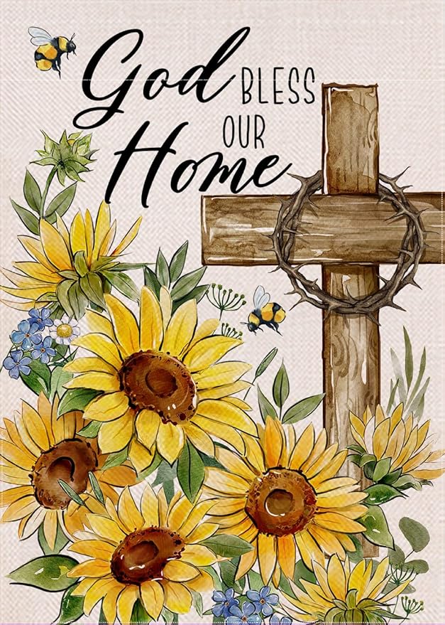 Christian God Bless Our Home Decorative Garden Flag, Religious Spring Summer Easter Cross Sunflower Yard Outside Decorations, Inspirational Fall Autumn Burlap Outdoor Small Home Decor 12 x 18