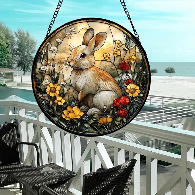 DASTOLL Stained Glass Window Hanging - Rabbit Flowers Suncatcher Ready to Hang Window Doors Home Decoration, Easter, Mother's Day Birthday Gifts for Women, Men, and Mom 14.9x14.9 in